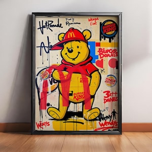 Arte de Graffiti de Fast Food do Ursinho Pooh | Pôster de Arte Pop Urbana | McDonald's | Arte de Rua Retro | Decoração de Parede Caprichosa, Pôster Digital