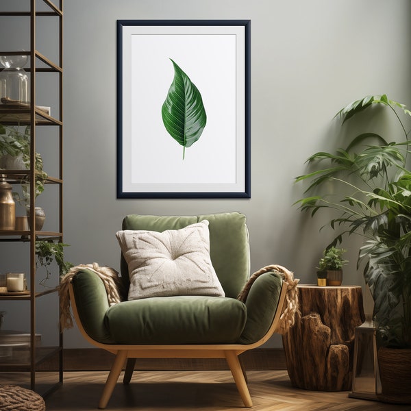 Feuille de Dieffenbachia 2. Art mural imprimable. Illustration minimaliste d'une feuille de plante tropicale, feuillage tropical. UHD net. Élégant vert foncé.