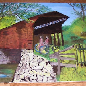 Vintage homme femme faisant du vélo balade à vélo sentier ruisseau rivière Nature arbres pont couvert americana paysage roches peinture à l'huile originale