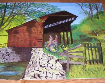 Vintage Man Woman Riding Bicycles Bike Ride Trail Stream River Nature Trees Covered Bridge Americana Landscape Rocks Original Oil Painting