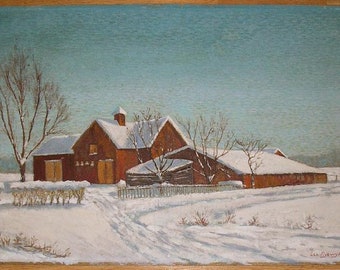 Vintage Mid Century Winter Snow Brown Farm House Barn Bare Trees Landscape Sky Distressed Crazed Original Oil Painting on Hard Paper Board