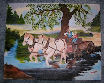 Vintage Americana Folk Art Landscape Draft Horses Farmer River Stream Country Farm Wagon Trees Landscape Pastoral Original Art Painting