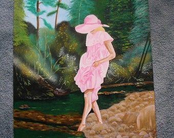 Vintage Blonde Girl Pink Summer Dress Bonnet Hat Bare Feet Wading Stream River Forest Woods Trees Rocks Sand Shore Original Oil Painting