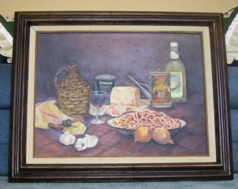 Vintage Italian Dinner Pasta Spaghetti Garlic Olive Oil Pecorino Cheese Wine Bottle Olive Oil Cooking Chef Culinary Original Art Painting