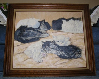 Vintage wit zwart grijs geheel wit gestreept Cyperse huisdieren dieren katten kattenrassen knuffelen slapen dromen originele ingelijste olie kunst schilderij