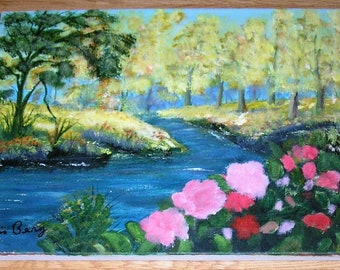 Vintage Primitive Folk Art Summer Autumn Pink Red Flowers Trees Blue Water River Stream Pastoral Original Oil Painting by CA and AZ Artist