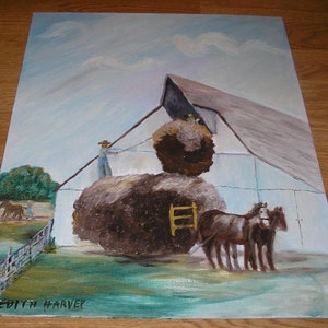 Vintage Americana art folklorique cow-boy agriculteur ferme foin récolte grange paysage primitif pastorale Nature extérieur peinture d'art à l'huile originale