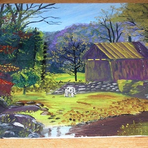 Vintage Americana art folklorique paysage primitif vache laitière grange arbres d'automne pastorale peinture à l'huile originale attribuée E. Harvey non signé