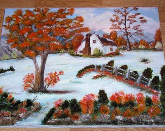 Vintage Folk Americana White House Autumn Winter Season Snow Trees Foliage Landscape Pastoral Original Oil Painting by CA and AZ Artist