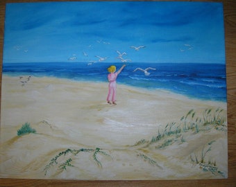 Vintage Nautical Beach Seas Shore Sand Ocean Seagulls High Tide Girl Child Pink Cloths Feeding Birds Original Oil Painting