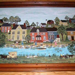 Vintage Art folklorique americana ferme village boulangerie chapellerie chapellerie ruisseau rivière pêche cheval poussette jardin maison coloniale peinture originale