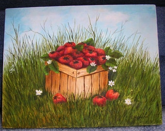 Vintage Garden Strawberries Strawberry Picking Basket Original Oil Painting Artist Was Knott's Berry Farm Neighbor Orange County CA