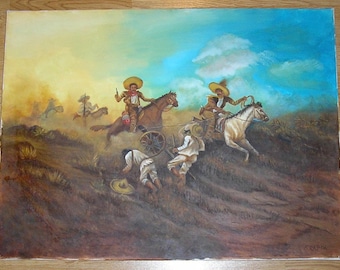 Vintage Mexican Indian War Battle Cowboys Indians Cowboy Horse Horses Canon Landscape Pastoral Blue Sky Historic Oil Original Art Painting