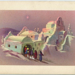 Vintage Natale Magi Re Magi Betlemme Stella Inn Stalla Maria Giuseppe Gesù Cristo Bambino Natività Pecora Arte Originale Dipinto per Biglietto di Natale