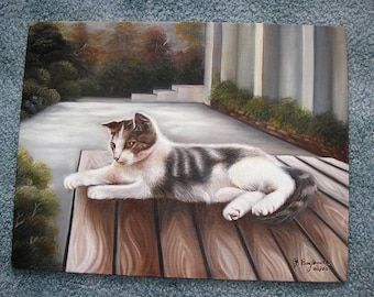 Vintage Tabby Cat White Gray Brown Realism Nature Picnic Table House Outdoors Trees Nature Original Oil Art Painting " Tiger is Cat's Name "