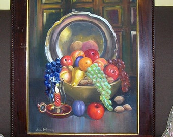 Vintage Horticulture Fruit Grapes Peach Pear Plum Orange Apple Candle Nuts Antique Wood Frame Original Oil Painting Listed Lowell MA Artist