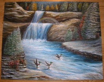 Vintage Ducks Birds Stream River Waterfall Autumn Winter Landscape Trees Rocks Rainbow Landscape Original Oil Painting New Jersey Artist