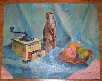 Vintage Still Life Coffee Ban Grinder Botanical Peaches Pear Fruit Cactus Jug Southwest Pink Blue Original Oil Painting Artist Sally Isaac