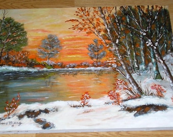 Vintage Folk Art Americana Winter Dusk Snow Orange Dusk Sunset Lake Pond Trees Pastoral Landscape Original Oil Painting by CA and AZ Artist