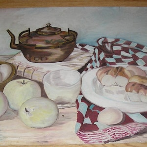 May include: A still life painting featuring a copper teapot, a bowl of eggs, three green apples, a white bowl, a plate of bread rolls, and a red and white checkered tablecloth.