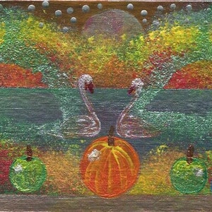Vintage Western Berkshires Massachusetts Autunno Stagione Frutta Mele Pere Mirtilli Cigni Luna piena Stelle Crepuscolo Miniatura Dipinto originale