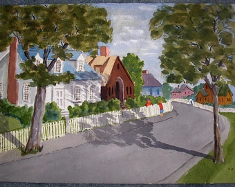 Vintage Colonial House Neighborhood Homes Garden Street Landscape Architecture Original Watercolor Painting Oregon Estate Attributed Gesley