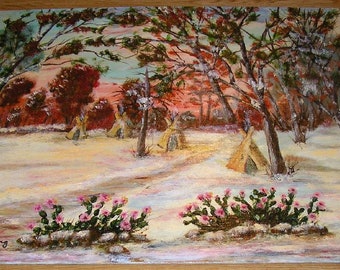 Vintage Folk Art Native American Indian Teepee Snow Landscape Desert Cactus Pink Flowers Autumn Original Oil Painting by CA and AZ Artist