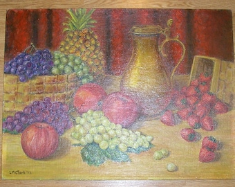 Vintage Still Life Grapes Apples Strawberries Pineapple Apple Garden Fruit Botanical Harvest Decanter Pitcher Original Art Oil Painting