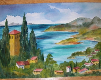 Vintage Yugoslavia Village Houses Landscape Lake Mountains Pastoral Watercolor Original Art Painting Margaret Sarah Lewis of York Country