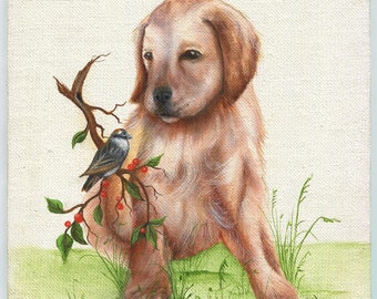 Vintage Dog Puppy Golden Retriever Thrush Bird Friends Pets Red Berries Green Leaves Grass Plant Landscape Original Acrylic Art Painting