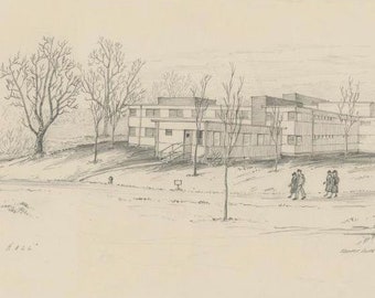 Vintage Washington DC Maryland Military Academy Suitland Hall  Woman Man Uniform World War WWII Orig Architectural Graphite Pencil Drawing