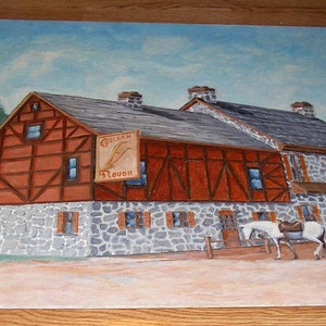 Vintage Americana Golden Plow Inn York Pennsylvanie PA blanc trait calèche scène coloniale arbres paysage peinture d'art à l'huile originale