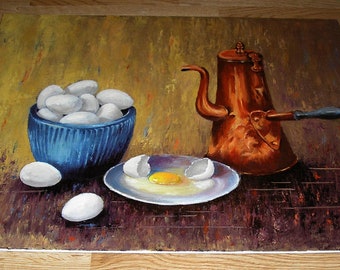 Vintage Cooking Breakfast Fresh Chicken Farm Eggs Yolks Whites Coffee Bean Grinder Copper Pot Blue Bowl Still Life Original Art Oil Painting