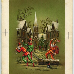 Pintura original de Navidad vintage, pueblo medieval europeo, nieve, invierno, bufón de la corte, hombres, tronco, perro escocés, árbol, iglesia, para tarjeta de Navidad.