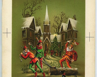 Vintage Christmas European Medieval Village Town Snow Winter Court Jester Men Log Scotty Dog Tree Church Original Painting for X-Mas Card