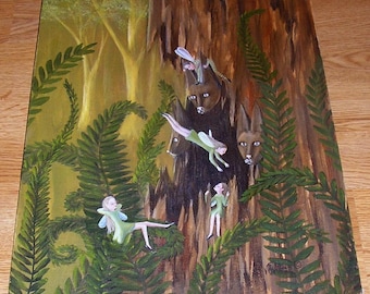 Vintage Feeën Fairy Bruine Birmese Katten Carving Boomstronk Huis Fern Forest Woods Botanische Originele Olieverfschilderij Louisiana Vermelde Kunstenaar