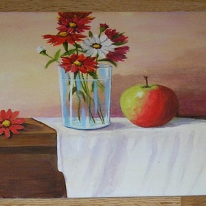 Vintage Botanical Horticulture Cortland Apples Cosmos Garden Flowers Vaso Natura morta Virginia Artista elencato Originale Acquerello Arte Pittura