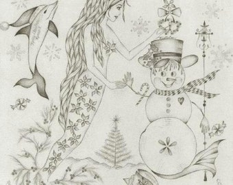 Vintage Christmas Mermaid Snowman Sleigh Mistletoe Dolphin Ornament Tree Sea Shell Gingerbread Man Snowflakes Original Art Graphite Drawing