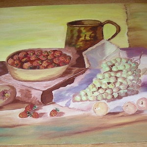 Vintage Grapes Apples Strawberries Fruit Breakfast Kitchen Book Culinary Still Life  Original Oil Painting Attributed E. Harvey Not Signed