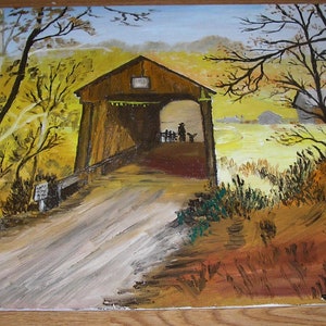 Vintage Americana cowboy du sud-ouest pont couvert maison silhouettes Sienne brûlée couleurs peinture à l'huile originale attribuée E Harvey non signé