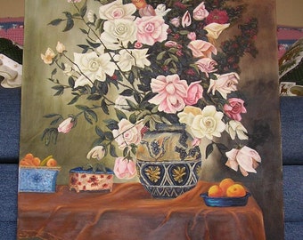 Vintage Still LIfe White Pink Roses Peaches Oranges Apricots Fruit Botanical Majolica Vase Victorian Style Oil Original Art Painting