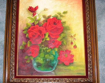 Vintage Horticulture Botanical Bright Red Roses Garden Flowers Green Glass Vase Still Life Framed Original Art Nouveau Original Oil Painting