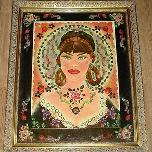 Vintage Victorian Woman Botanical Pansies Fruit Black Dress Lace Strawberries Garden Faux Jewelry Pearls Hair Braids Original Wood Painting