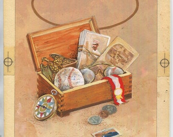 Vintage PAINTING of Antique Autographed Baseball Coins Stamps Compass Eagle Eyeglasses Stamps Sports Cards Treasure Box Items Original Art