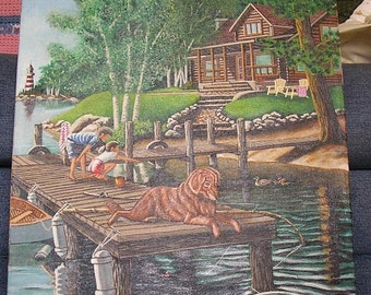 Vintage Log Wood Cottage Cabin House Lake or Ocean Fishing Children Golden Retriever Dog Lighthouse Boats Ducks Landscape Summer Painting