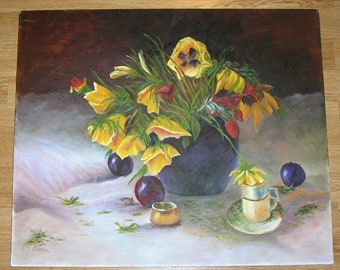 Vintage Pansies Pansy Garden Flower Nature Botanical Horticulture Demitasse Tea Cup Sauce Plums Fruit Still Life Original Oil Art Painting