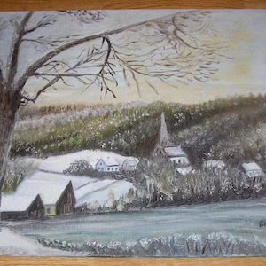 Vintage Americana art folklorique primitif pays village église crique ruisseau étang ciel paysage peinture à l'huile originale artiste des Pays-Bas