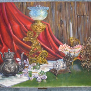Vintage European Scene Italy Italian Venetian Murano Glass Lamp Candle Inkwell Silver Tea Pot Capodimonte Candle Original Big Oil Painting