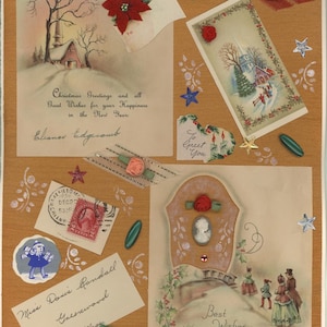 Scrapbooking navideño vintage de los años 30, tarjeta de felicitación, collage art déco, en memoria del propietario, efímera original, homenaje a un empleado de Boston Edison