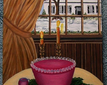 Vintage Christmas House Candle Colonial Landscape Window Window Pink Red Depression Glass Bowl Candle Holly Still Life Original Oil Painting